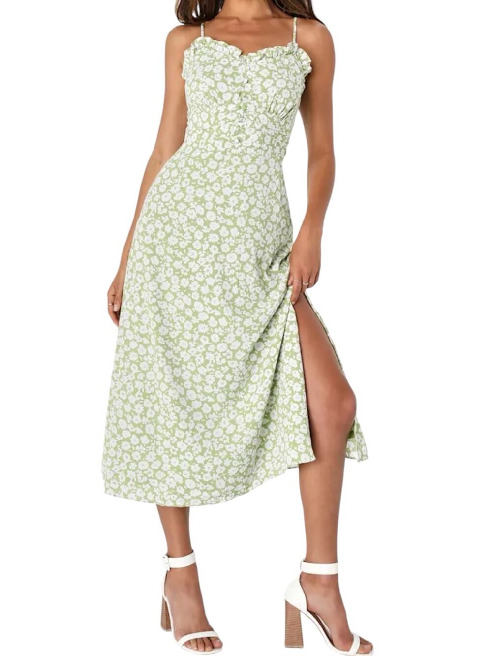 Lulus Midi Dress Size XL Green Ditzy Floral ALine Ruched Bodice Ruffle Feminine